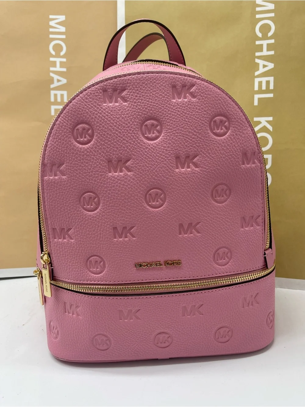 Michael Kors Rhea Medium Zip MK Logo Debossed Backpack Carnation NWT